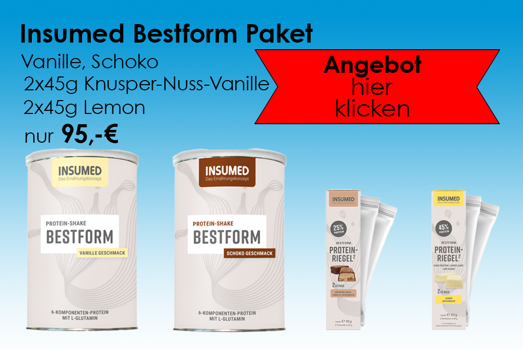 INSUMED Bestform Paket (Vanille & Schoko) + Proteinriegel (2x45g Nuss-Vanille & 2x45g Lemon)