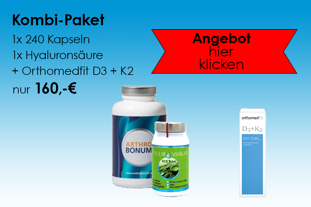 Kombipaket Arthrobonum 240er / Hyaluronsäure 120er, 245g + Orthomedfit D3+K2